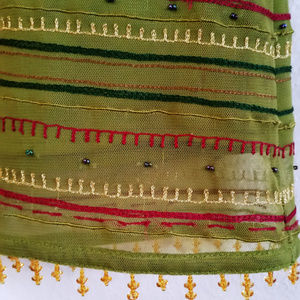 Olive Green Lycra Sheer Fully Lined Beaded Skirt S